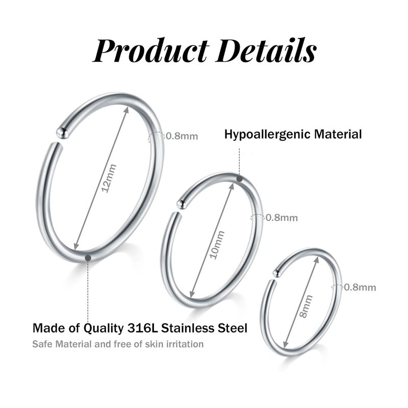 FECTAS Nose Rings Hoops Surgical Steel 20g Gauge 6mm 8mm 10mm 12mm Earrings Piercing Hoops Jewelry for Men Women - Image 2